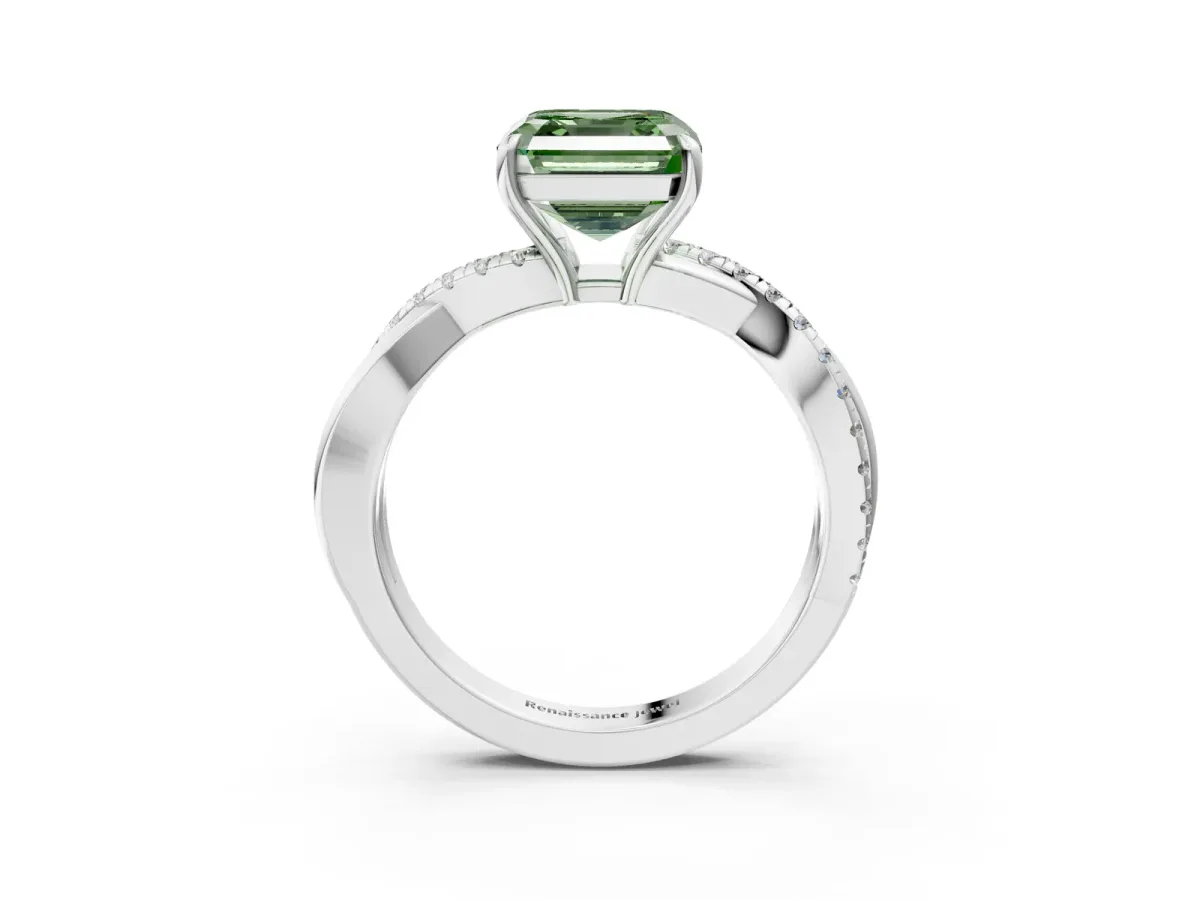 Fancy Green Asscher Cut Cut Diamond Twisted Band with Pavé Setting and Four-Prong Setting Platinum