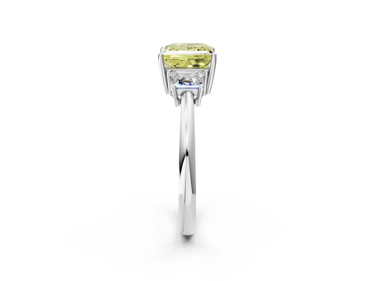Fancy Yellow Princess Cut Diamond Three-Stone Ring with Trapezoid Side Stones and Prong Setting Silver