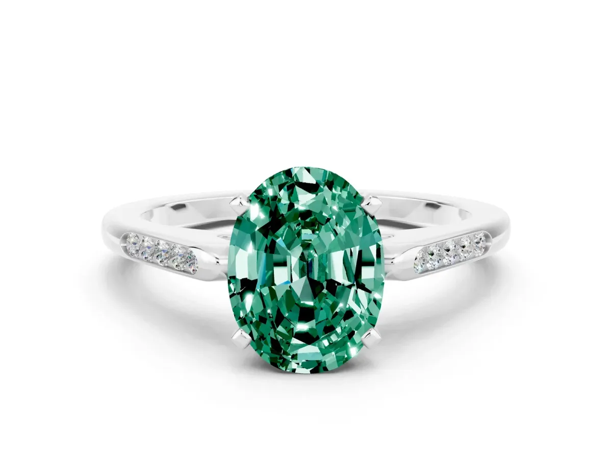 Oval Cut Green Sapphire Solitaire Ring with Channel Set Round Band and Prong Setting Silver