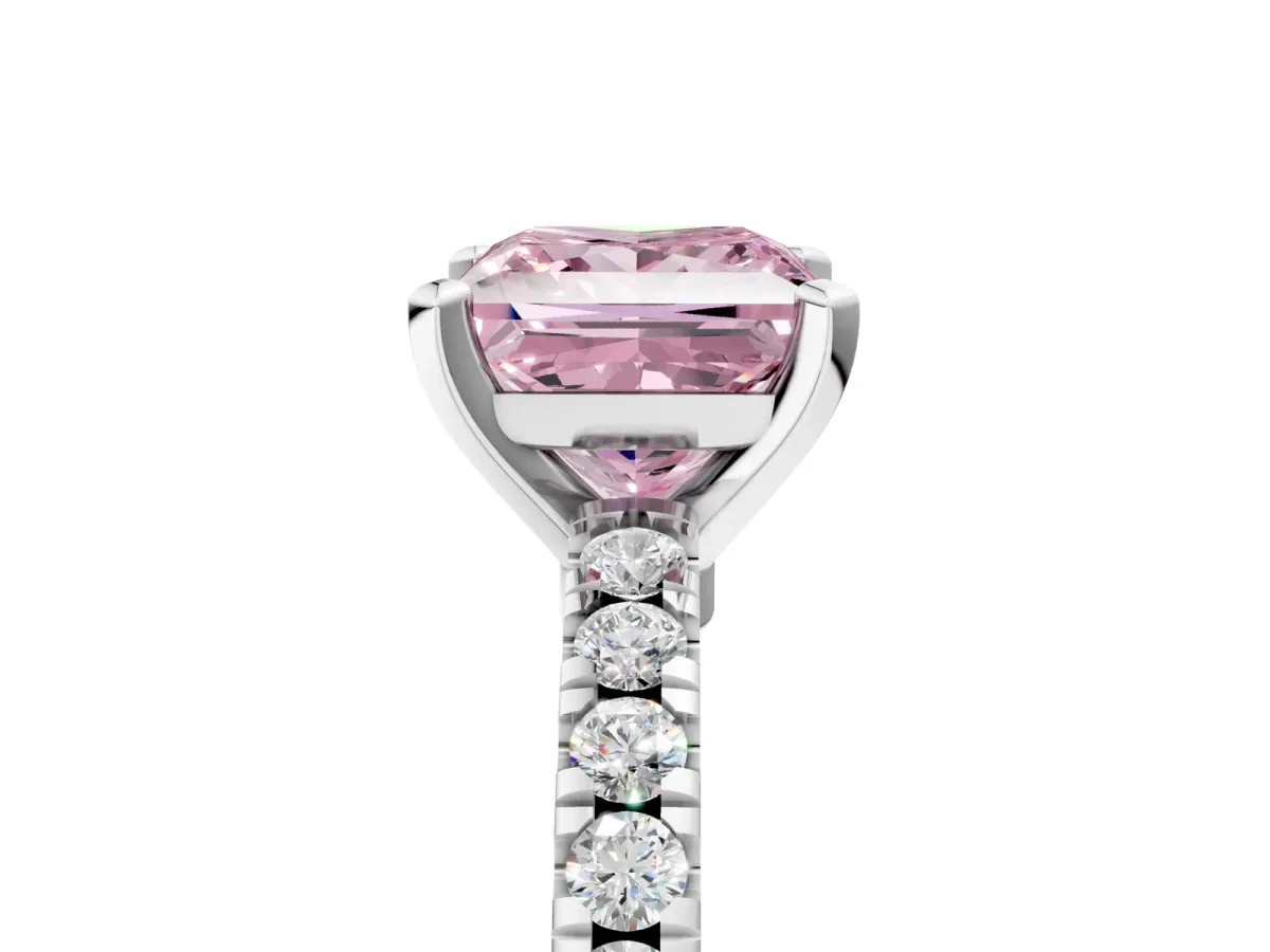 Fancy Pink Princess Cut Solitaire Diamond with Pavé Band and Four-Prong Setting Silver
