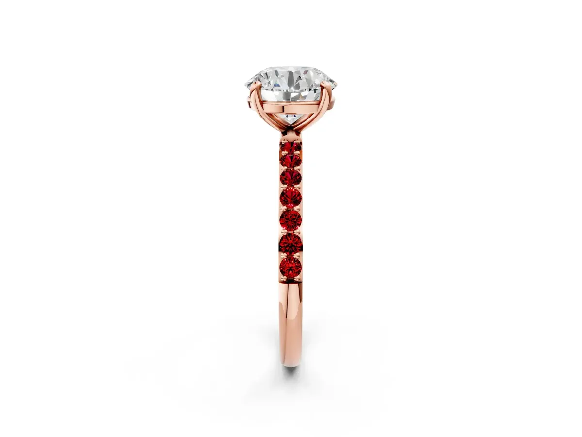 Round Cut Diamond Solitaire Ring with Round Ruby Pavé Band and Prong Setting Rose gold