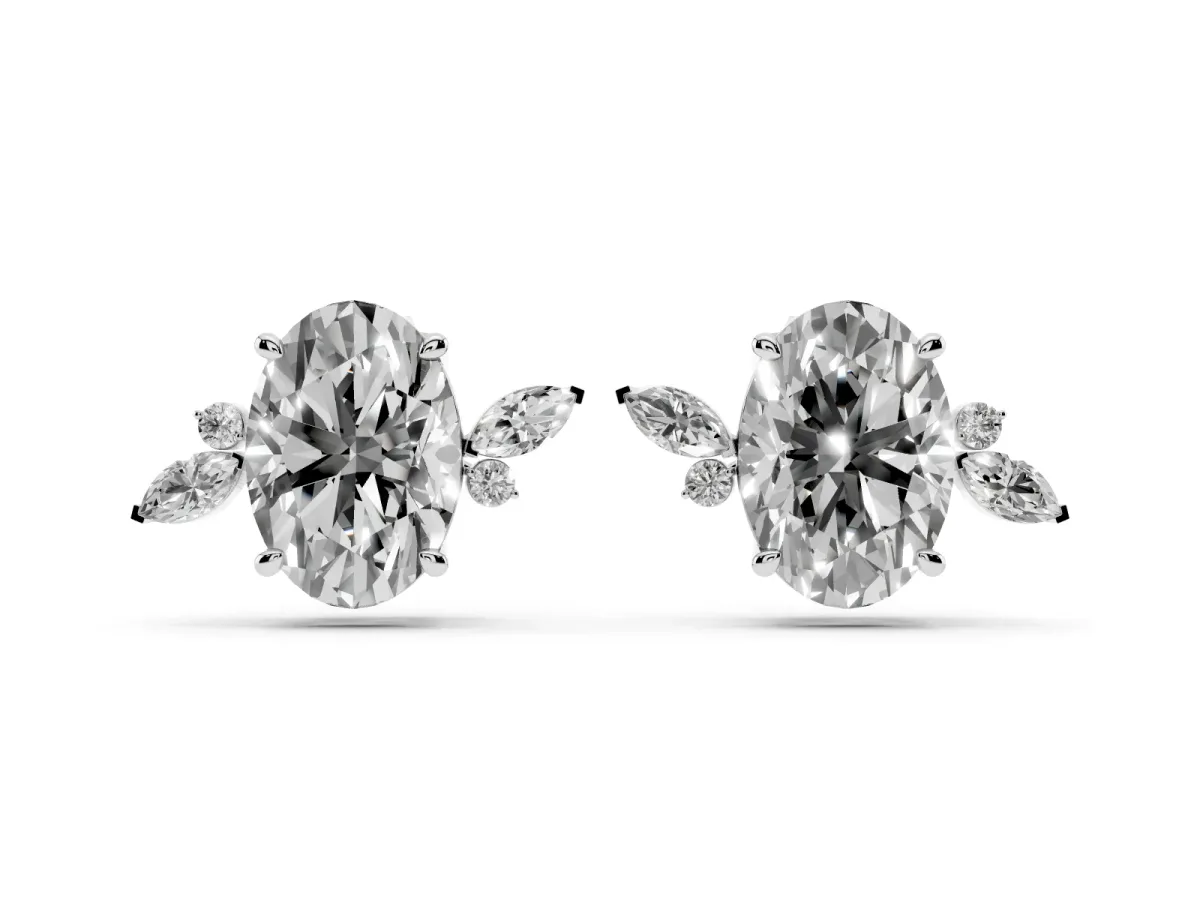 Oval Cut Diamond Nature-Inspired Stud Earrings with Marquise and Round Accents White gold