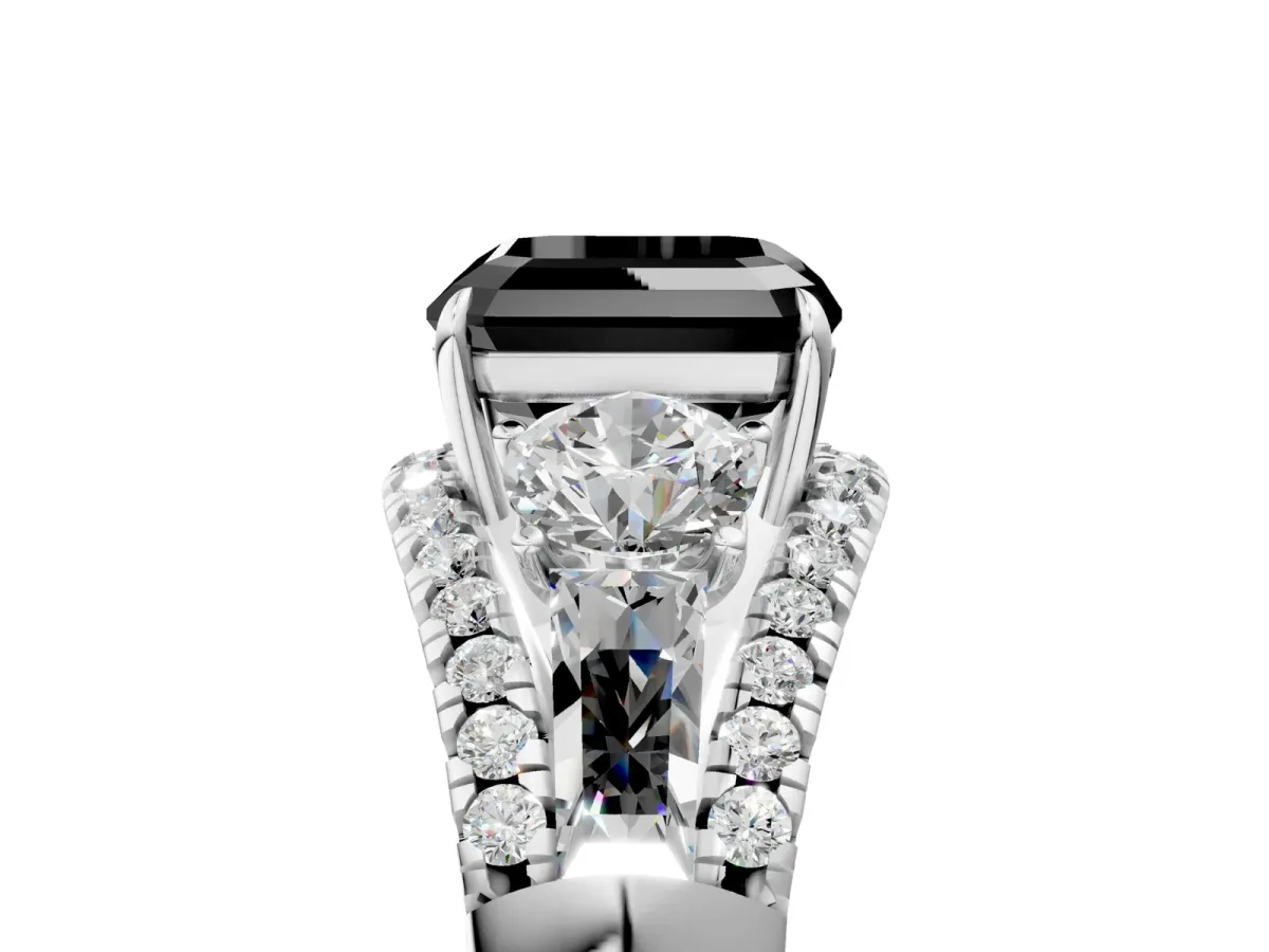Fancy Black Three-Stone Asscher Cut Diamond Engagement Ring with Pave Band and Prong Setting Platinum