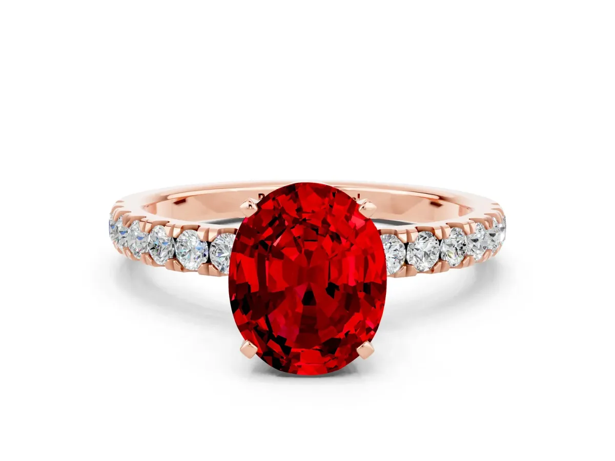 Oval Cut Ruby Solitaire Ring with Pavé Accents and Four-Prong Setting Rose gold