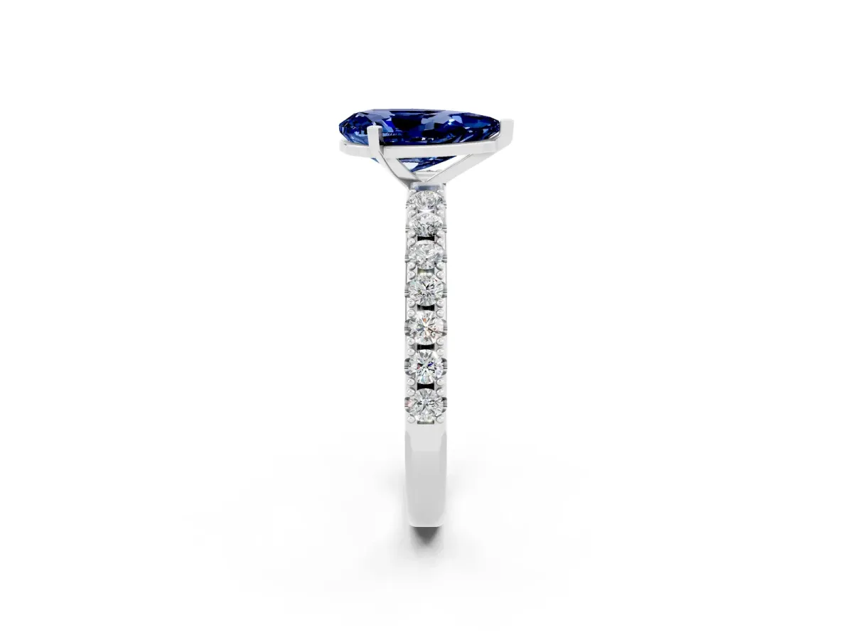 Pear Cut Blue Sapphire Solitaire Pavé Band with Four-Prong Setting Platinum