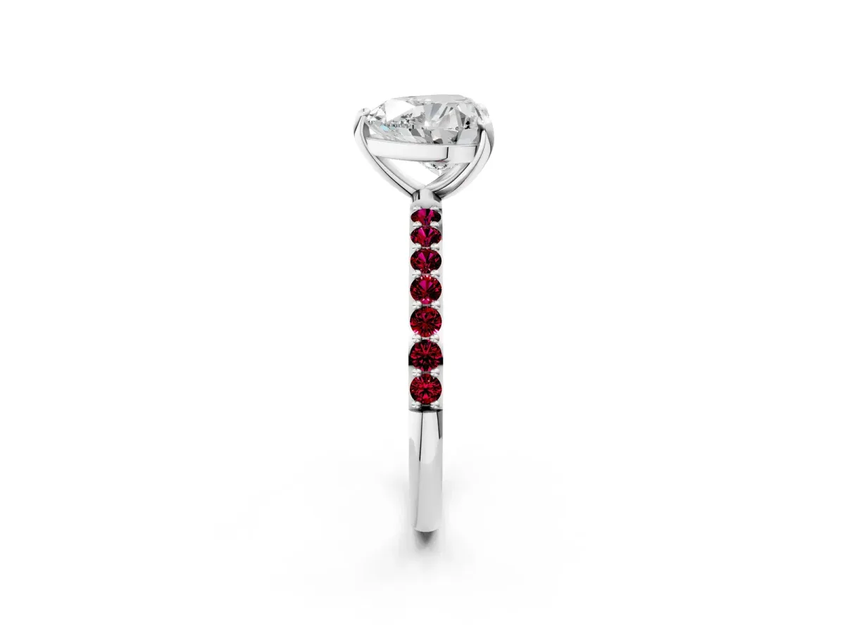 Heart Cut Diamond Solitaire Ring with Round Garnet Pavé Band and Prong Setting Silver