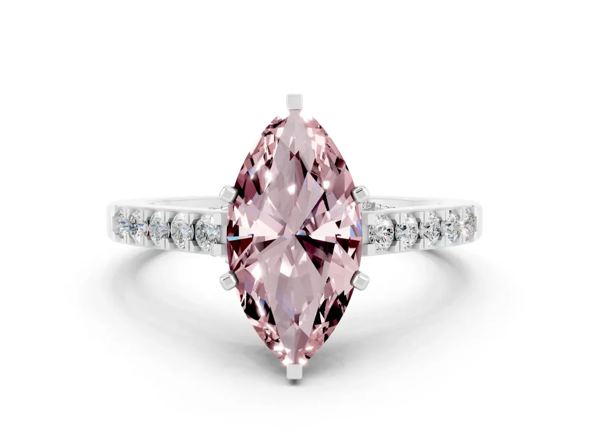 Marquise Cut Morganite Solitaire Ring with Crossover Gallery and Round Pavé Band Silver