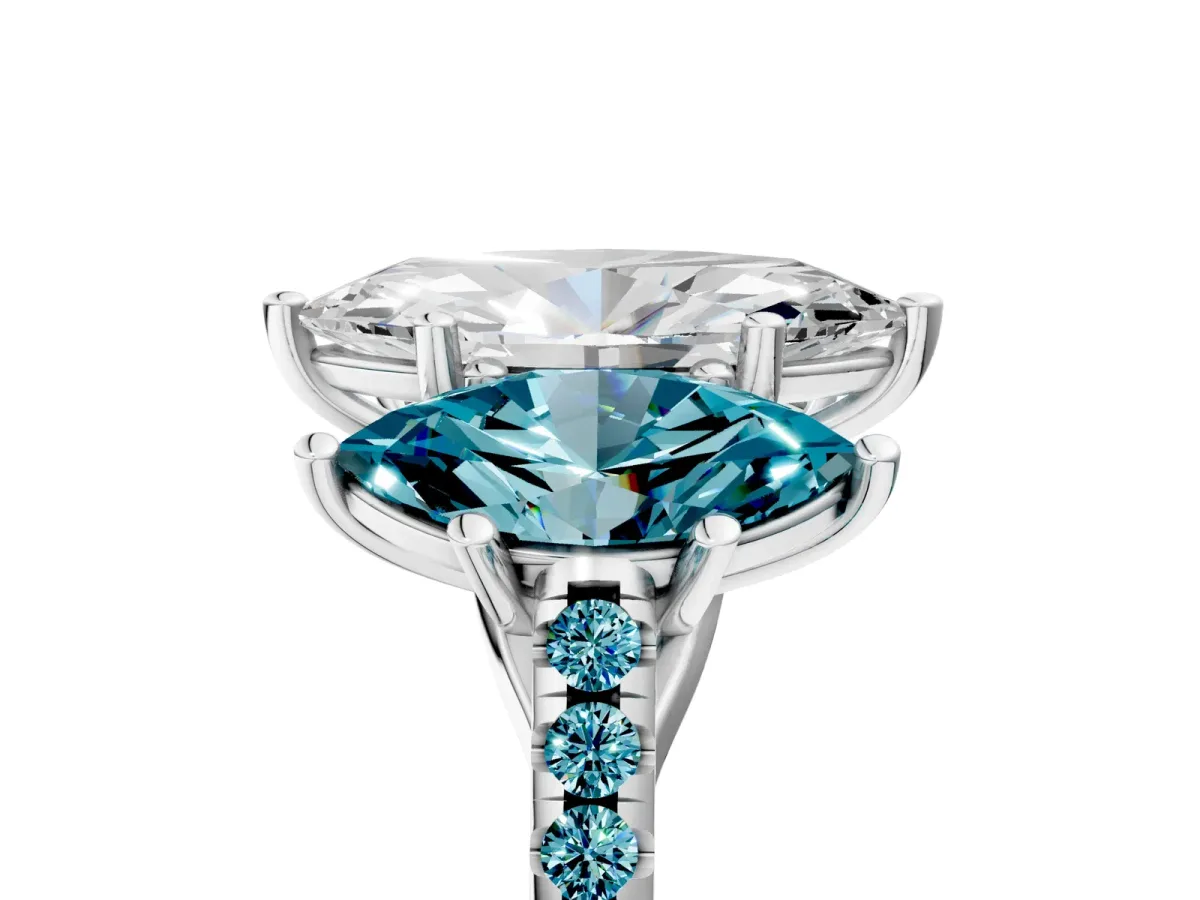 Three-Stone Marquise Cut Diamond Ring with Round Blue Topaz Pavé Band and Prong Setting Silver