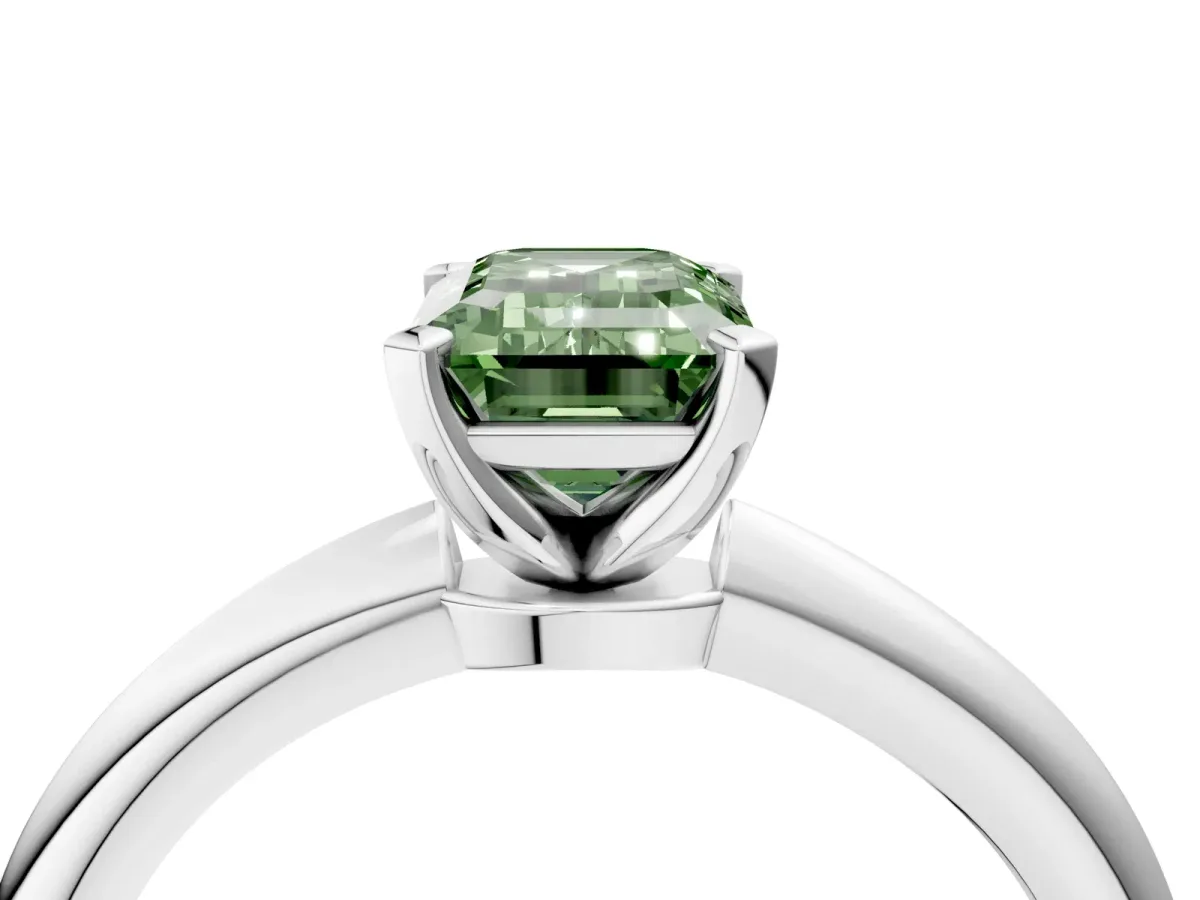 Fancy Green Emerald Cut Diamond Solitaire Ring with Six-Prong Setting and Classic Band Platinum