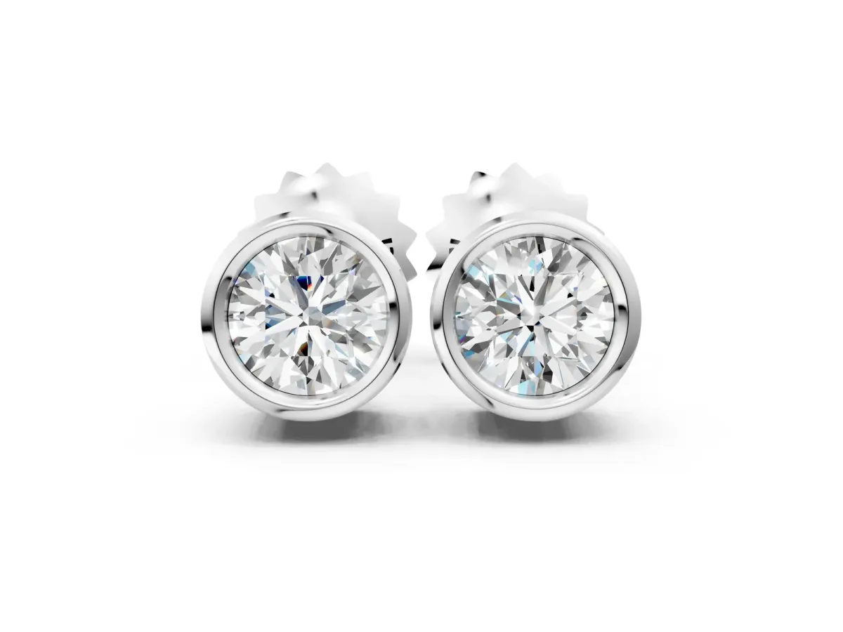 Bezel Set Round Diamond Stud Earrings with Push Back White gold