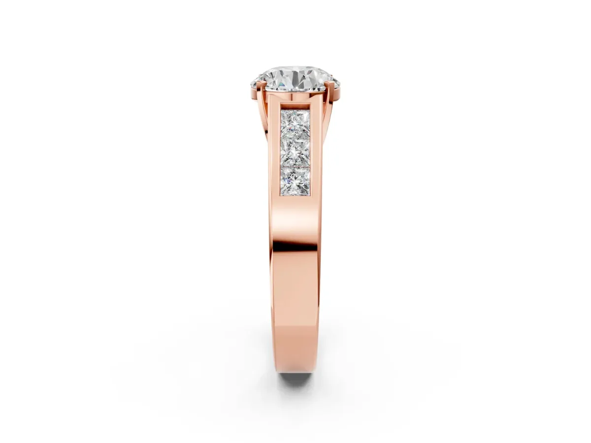 Round Cut Cut Channel Set Solitaire Ring with Four-Prong Setting Rose gold