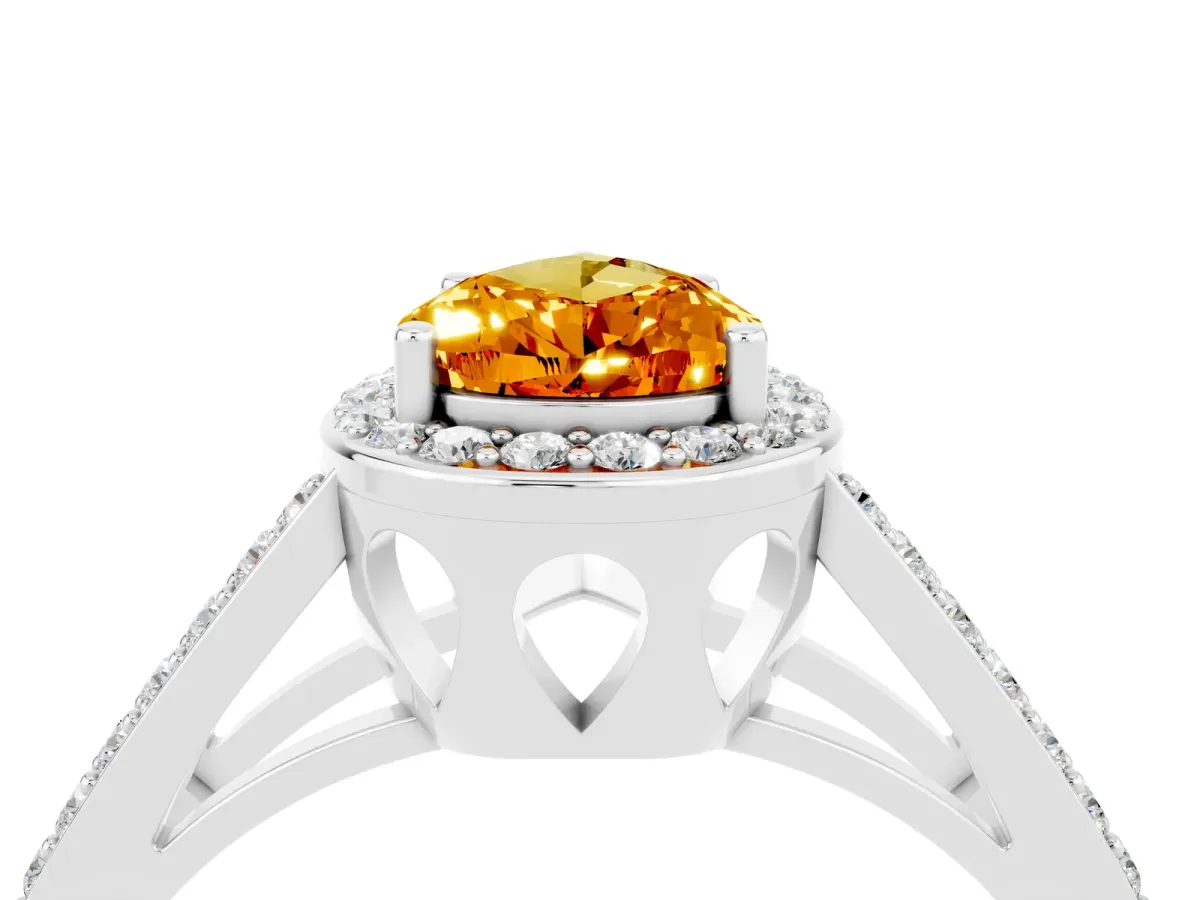 Pear Cut Citrine Halo Ring with Split Shank U-Prong Band and Four-Prong Setting Platinum