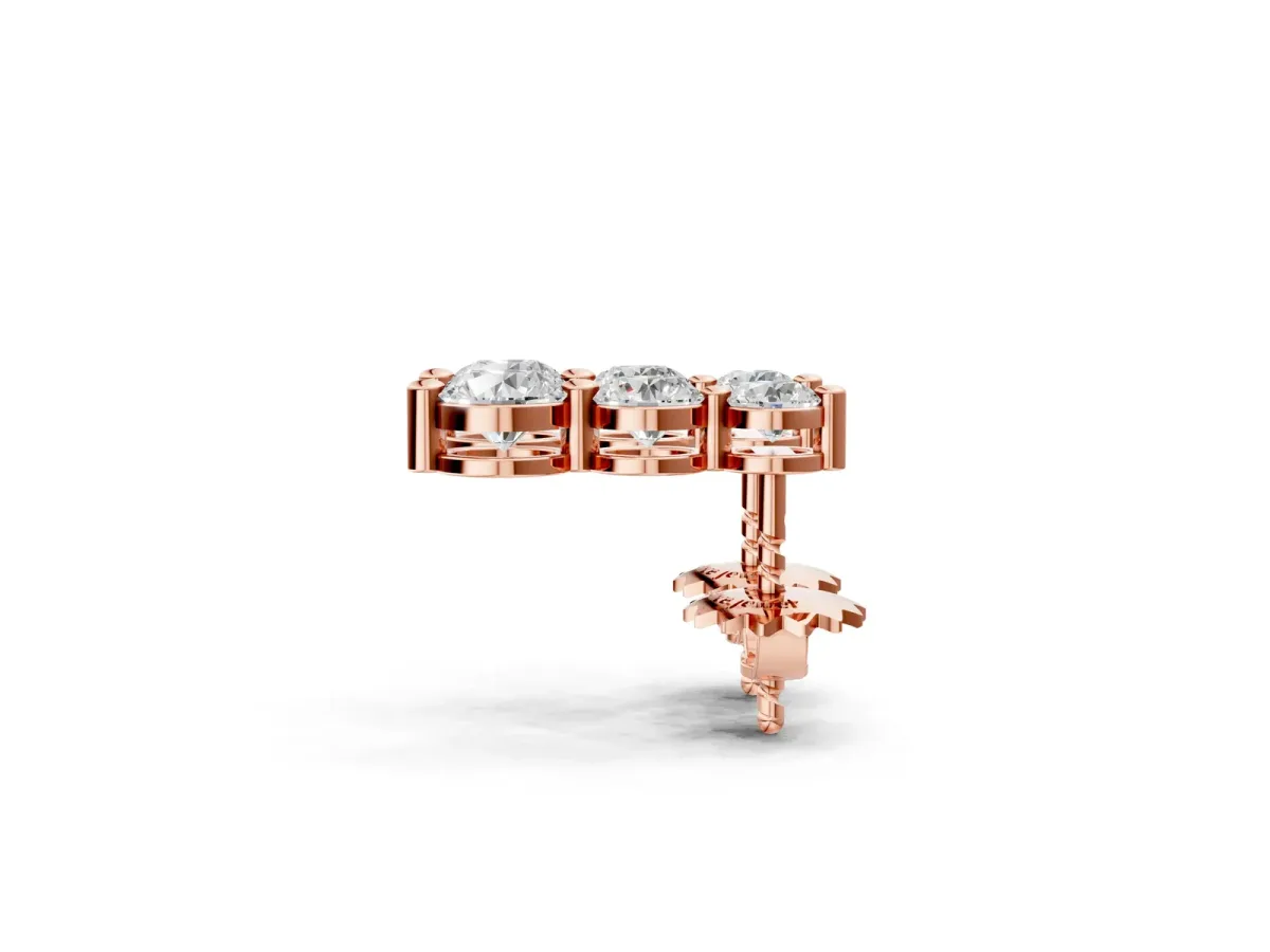 Three-Stone Round Diamond Drop Earrings with Prong Setting on White Gold Rose gold