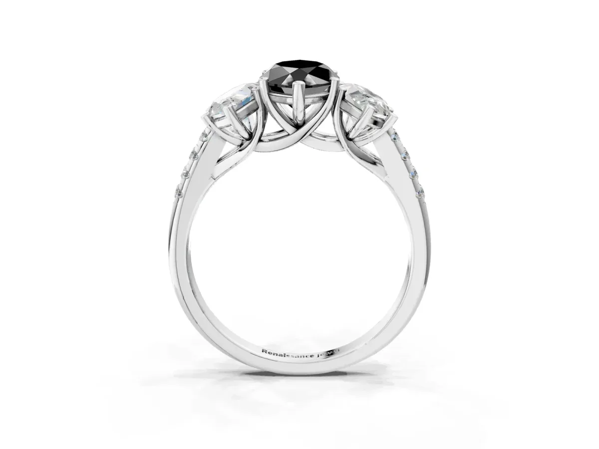 Fancy Black Three-Stone Marquise Cut Diamond Ring with Round Pavé Band and Prong Setting Silver
