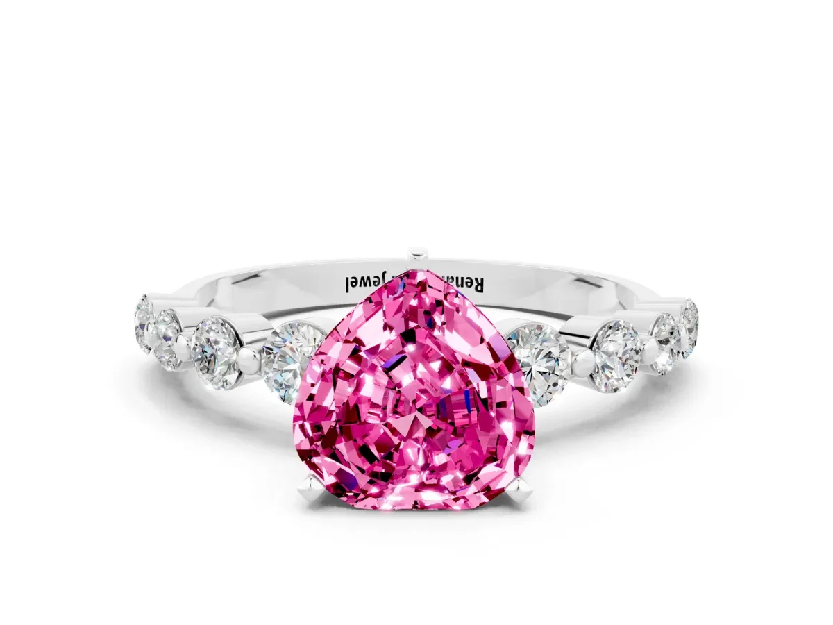 Heart Cut Solitaire Pink Sapphire Ring with Pave Band and Four-Prong Setting Silver