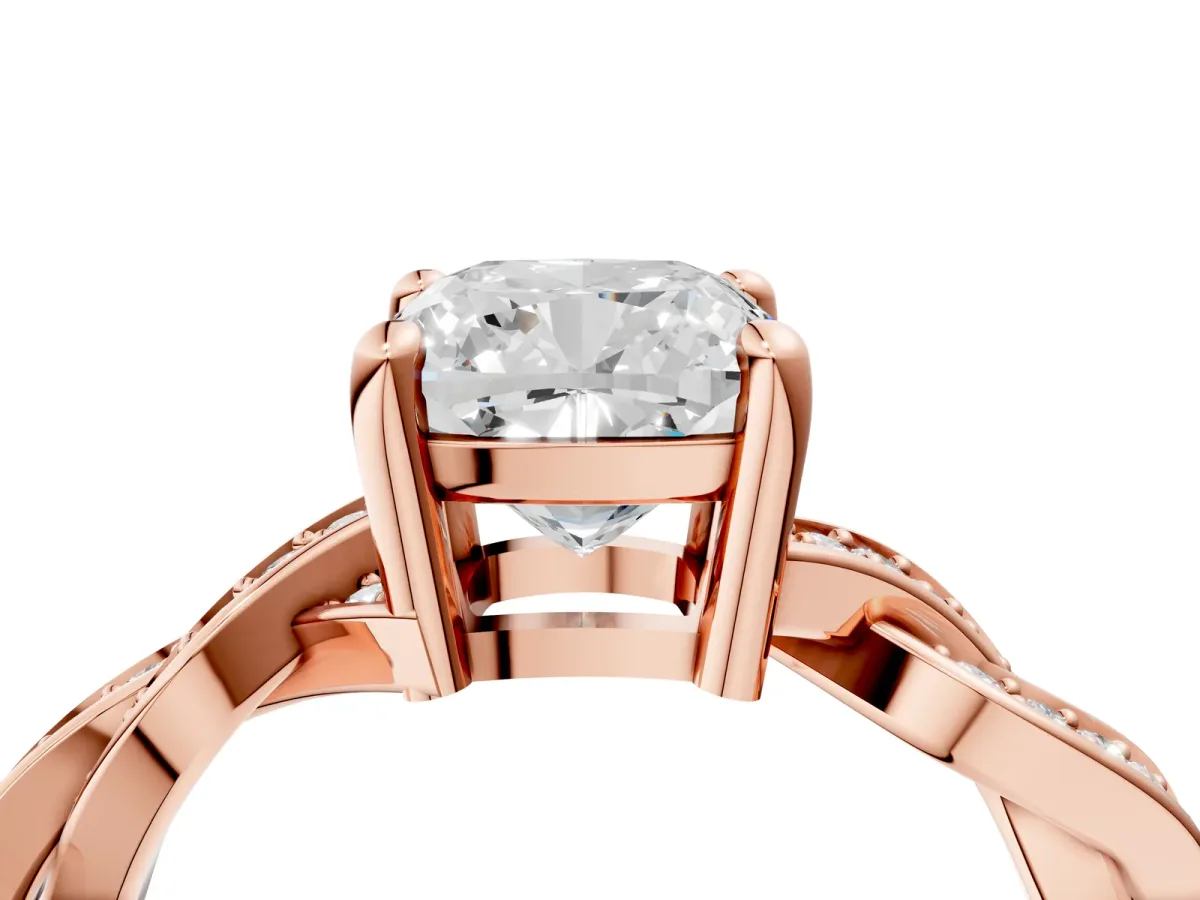 Cushion Cut Cut Twisted Pavé Band Solitaire Ring with Four-Prong Setting Rose gold