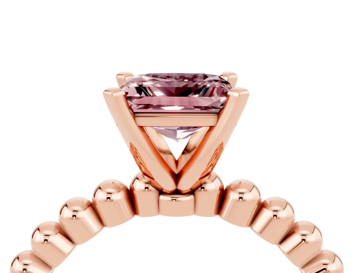 Princess Cut Morganite Solitaire Ring with Beaded Band and Prong Setting Rose gold