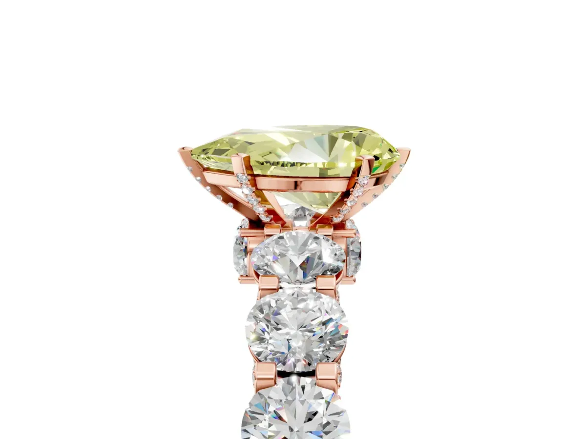 Fancy Yellow Pear Cut Diamond Side Stone Engagement Ring with Four-Prong Setting Rose gold