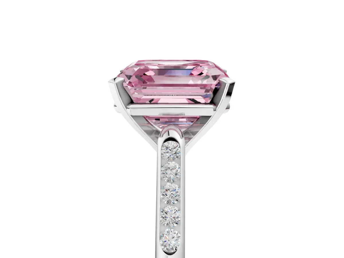 Fancy Pink Asscher Cut Diamond Solitaire Ring with Channel Set Round Band and Prong Setting Silver