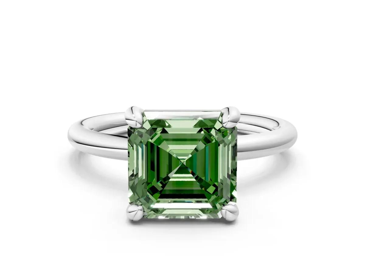 Fancy Green Asscher Cut Solitaire Diamond Ring with Four-Prong Setting on a Plain Band Platinum