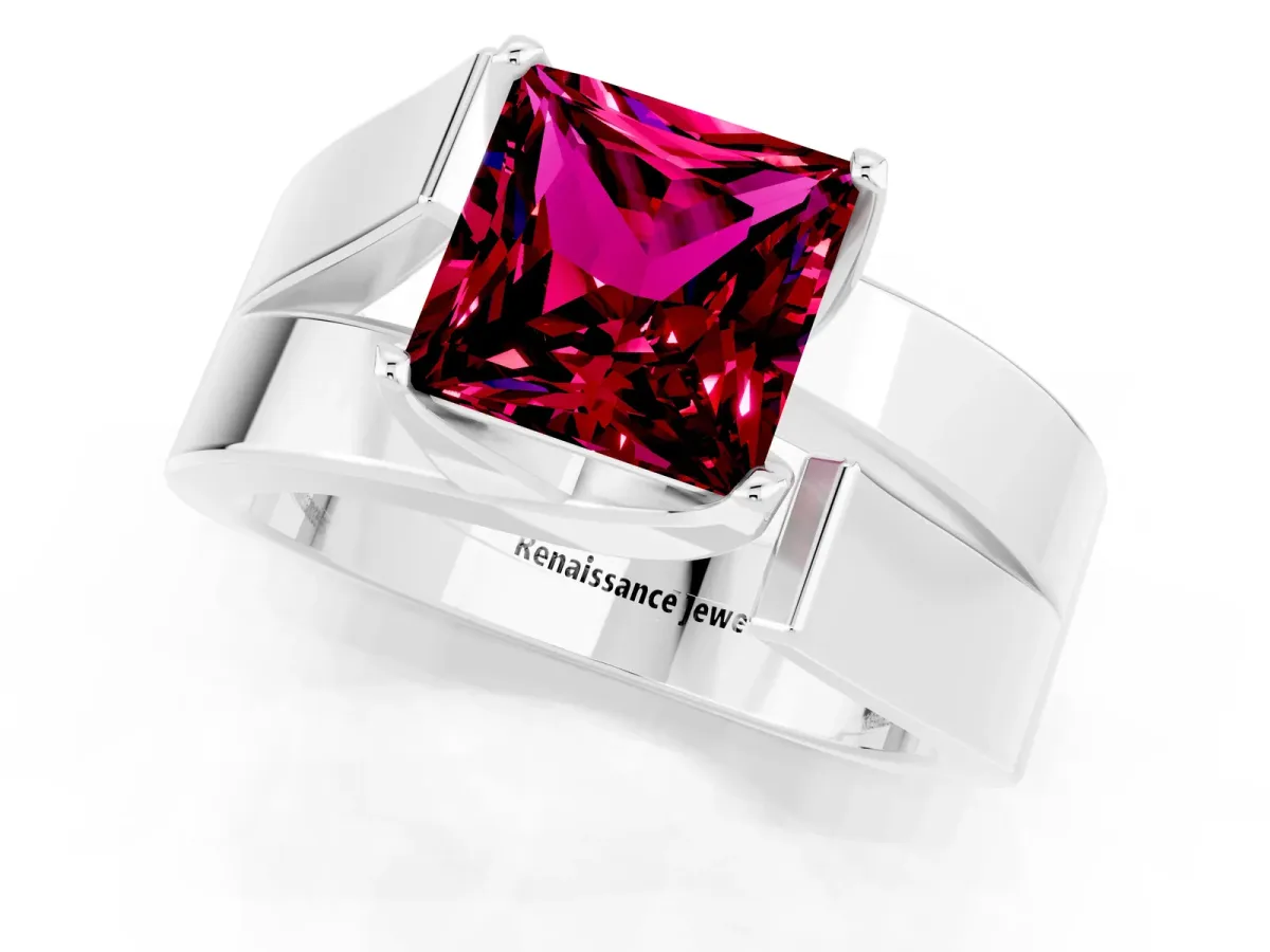 Modern Tension Set Princess Cut Garnet Solitaire Wide Band Ring Silver