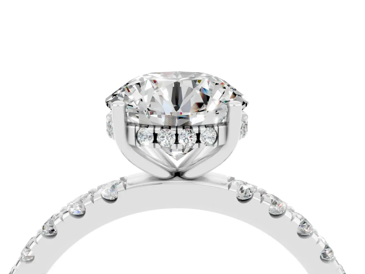 Round Cut Moissanite Pave Band Solitaire Ring with Round and Prong Setting Platinum