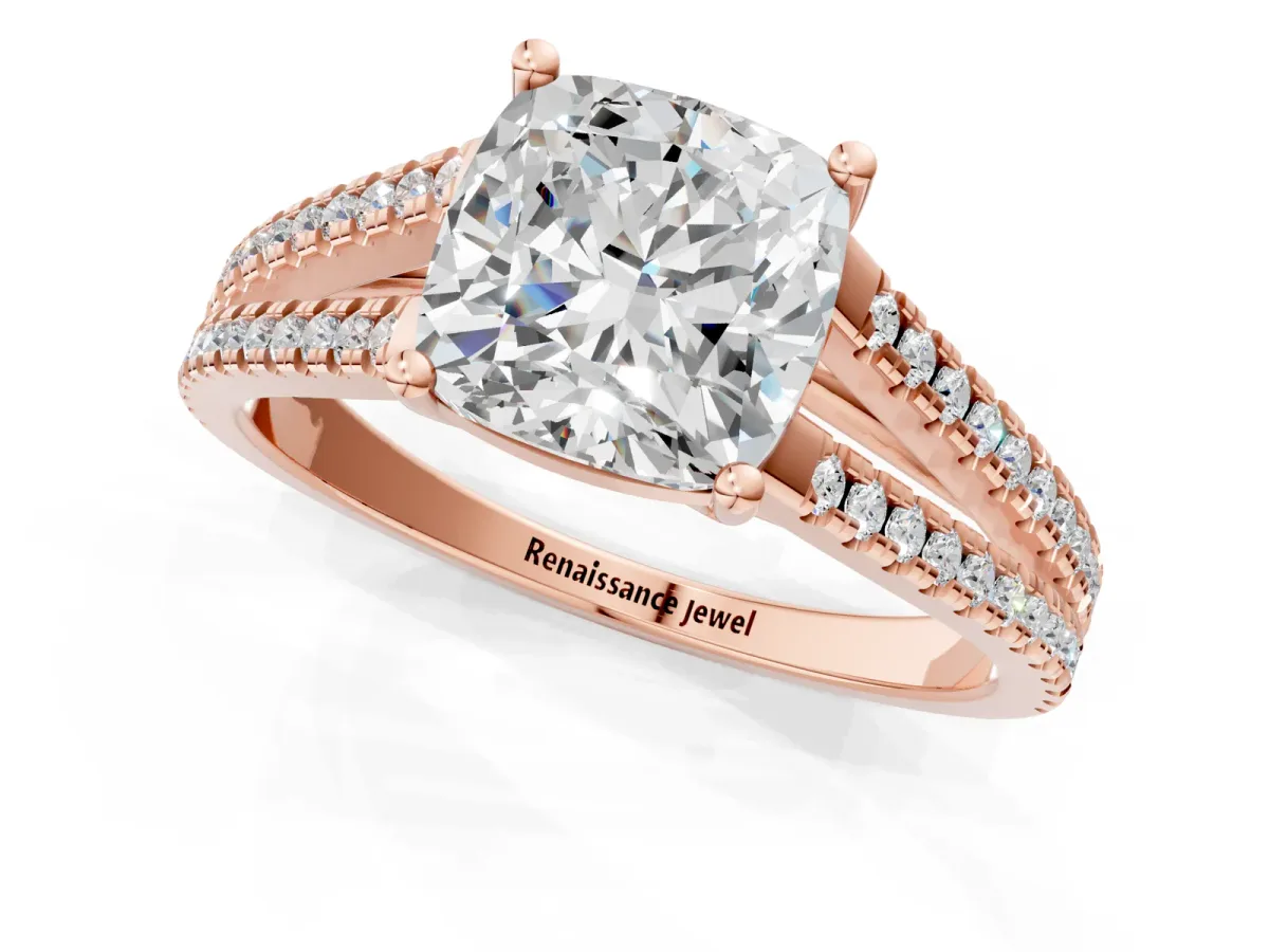 Cushion Cut Diamond Solitaire Engagement Ring with Split Shank Pavé Band Rose gold