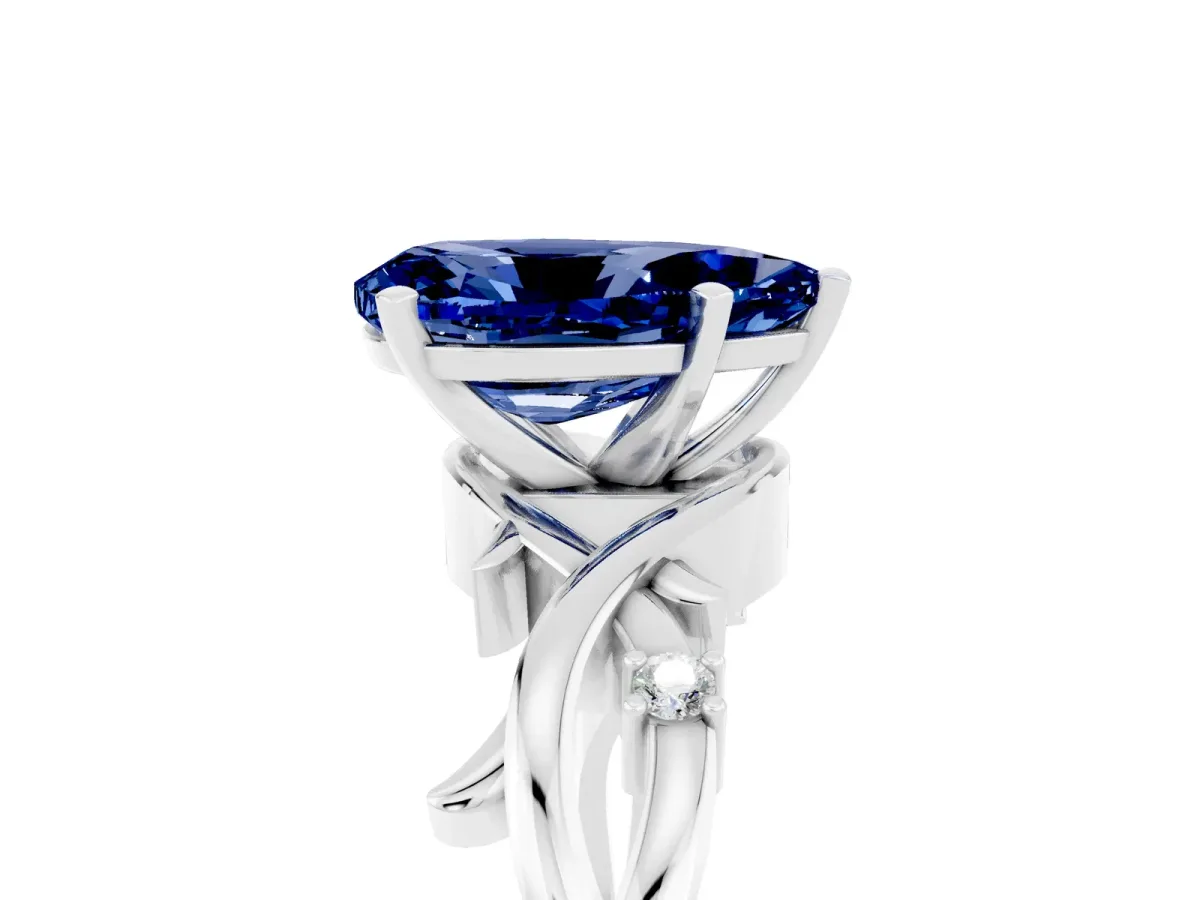 Pear Cut Blue Sapphire Solitaire Ring with Twisted Band and Prong Setting Silver