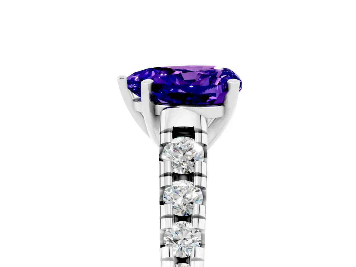 Heart Cut Tanzanite Cathedral Solitaire Ring with Round Pavé Band Silver