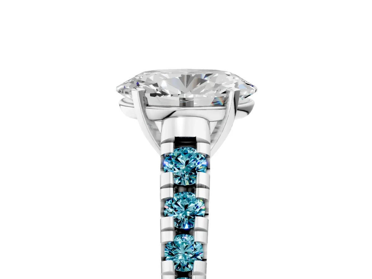 Oval Cut Diamond Cathedral Solitaire Ring with Round Blue Topaz Pavé Band Silver