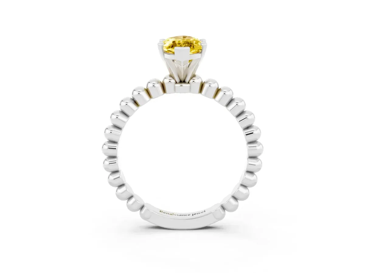 Marquise Cut Yellow Sapphire Solitaire Ring with Beaded Band and Prong Setting Silver