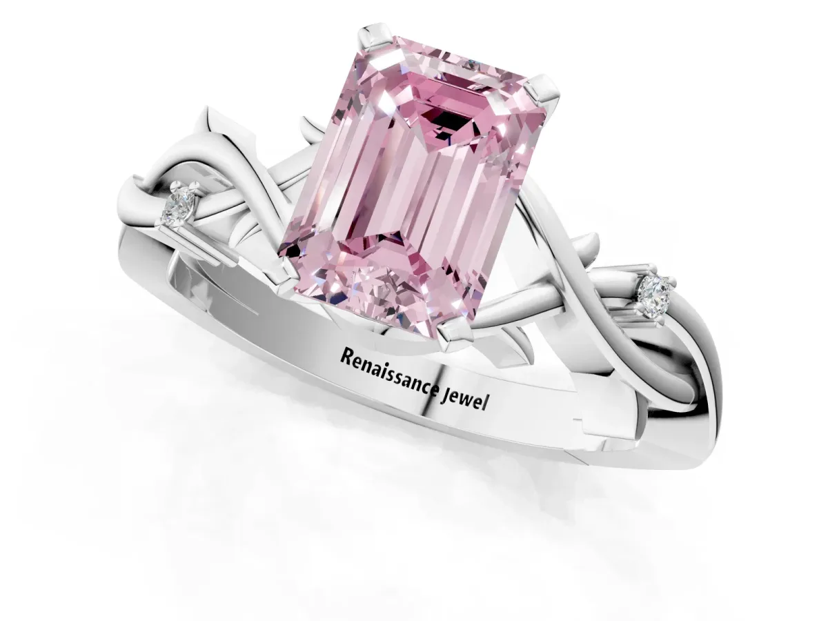 Fancy Pink Emerald Cut Diamond Solitaire Ring with Twisted Band and Prong Setting White gold