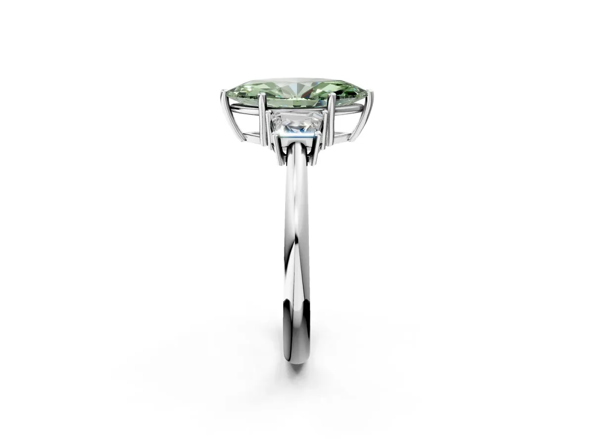 Fancy Green Marquise Cut Diamond Three-Stone Ring with Trapezoid Side Stones and Prong Setting Silver