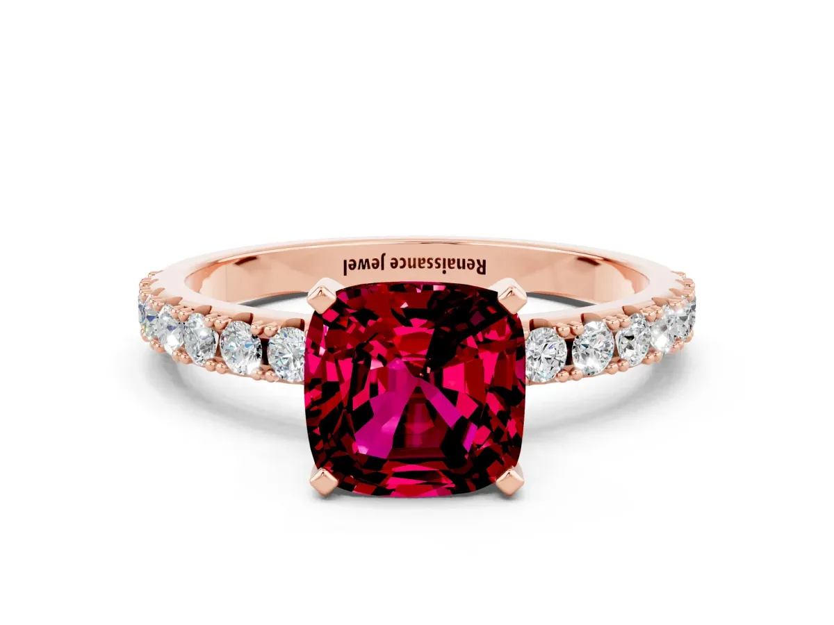 Cushion Cut Garnet Solitaire Pavé Band with Four-Prong Setting Rose gold