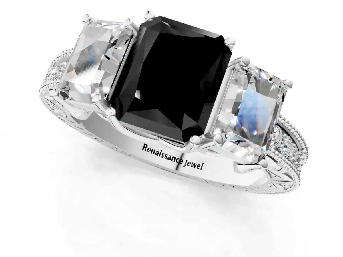 Fancy Black Three-Stone Radiant Cut Cut Milgrain Pavé Engagement Ring Platinum