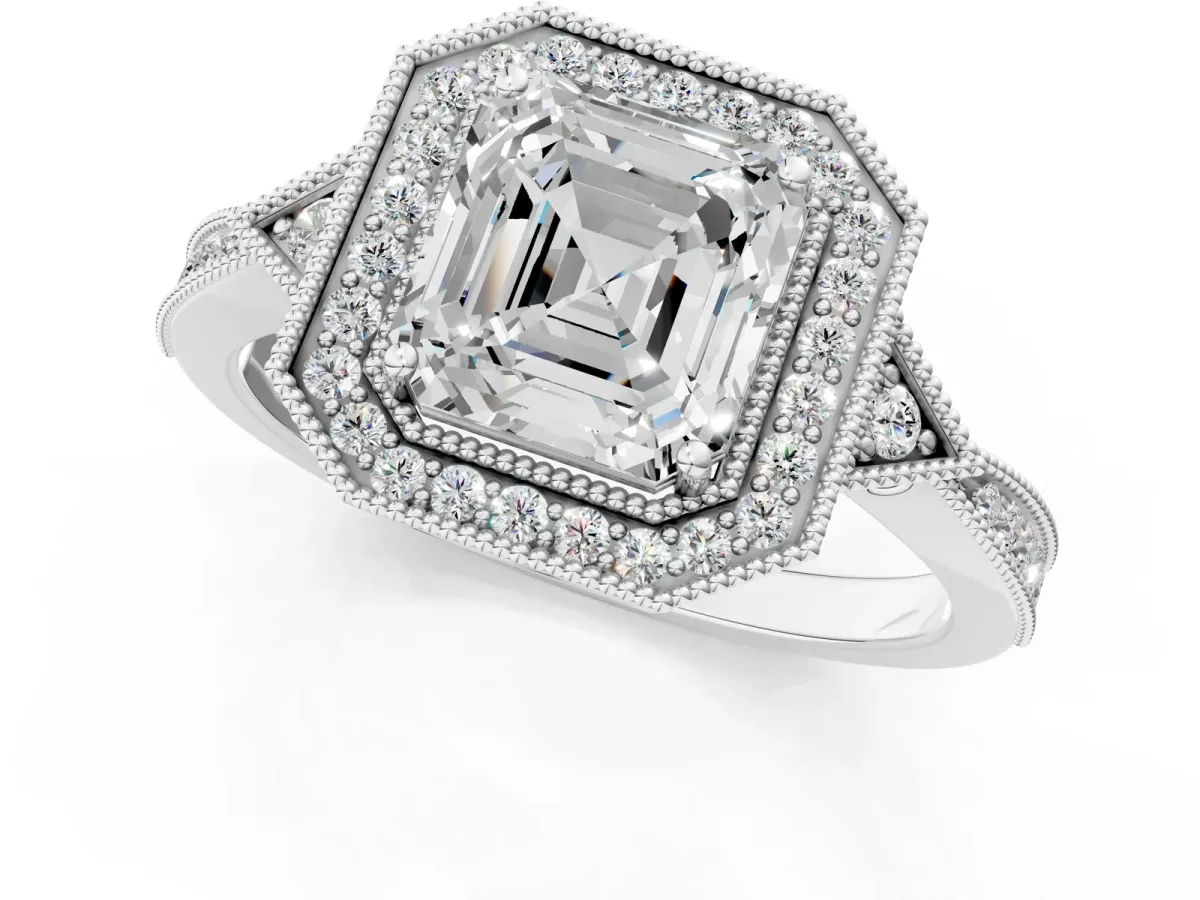 Asscher Cut Halo Round Diamond Milgrain Pave Engagement Ring Platinum