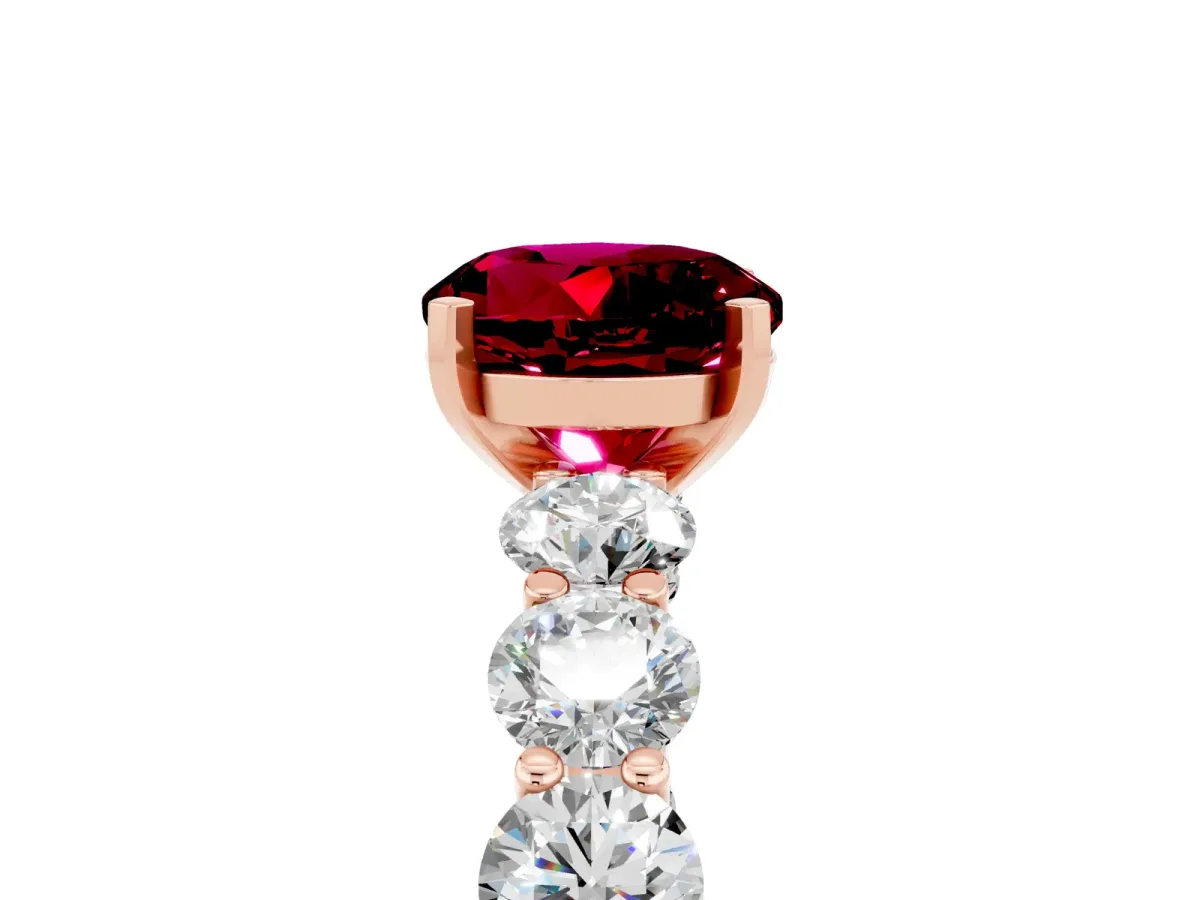 Round Cut Garnet Prong Setting with Side Stones on a Pave Band Rose gold