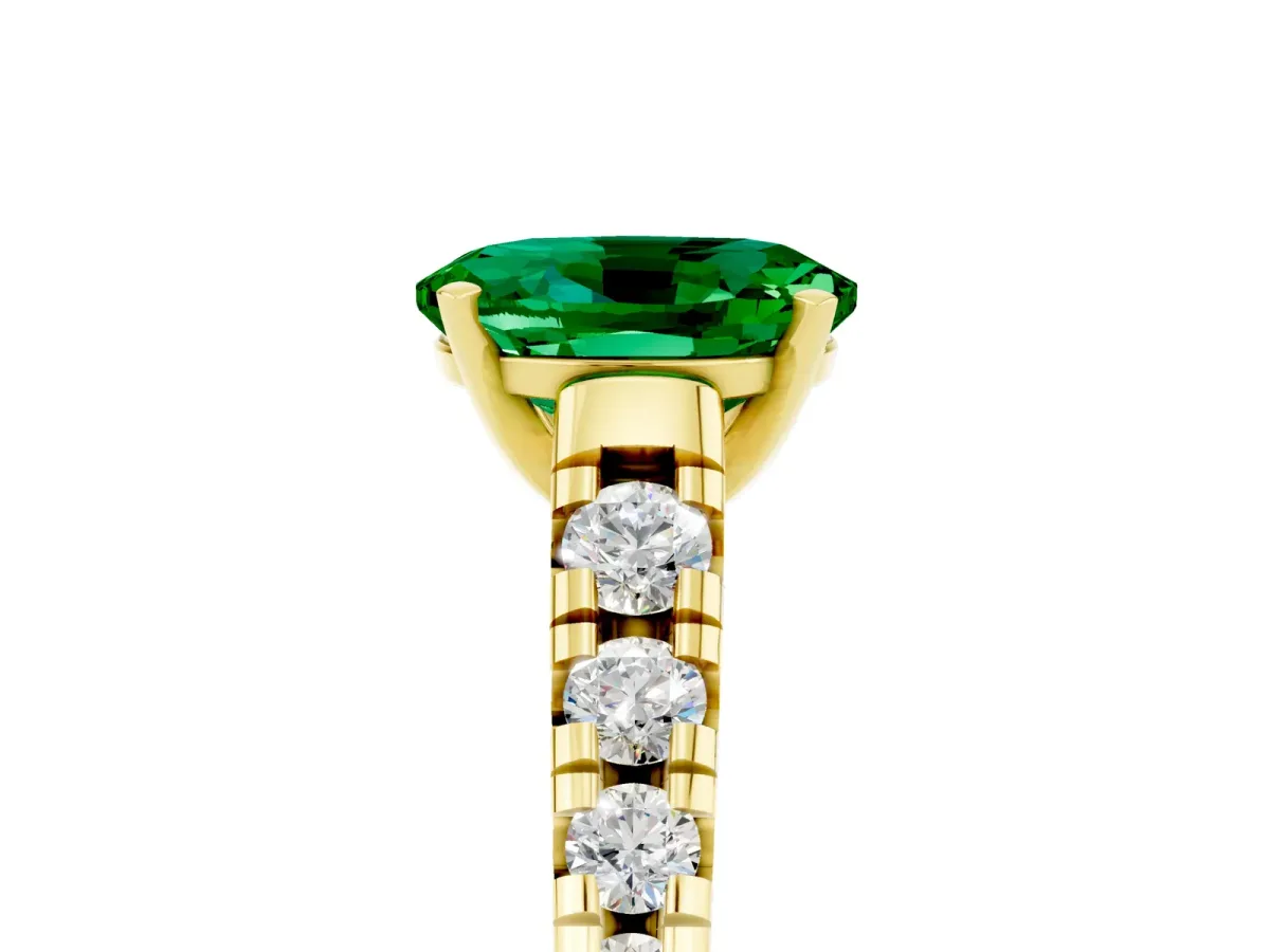 Oval Cut Emerald Cathedral Solitaire Ring with Round Pavé Band Yellow gold