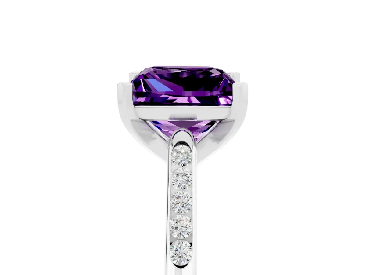 Princess Cut Amethyst Solitaire Ring with Channel Set Round Band and Prong Setting Silver