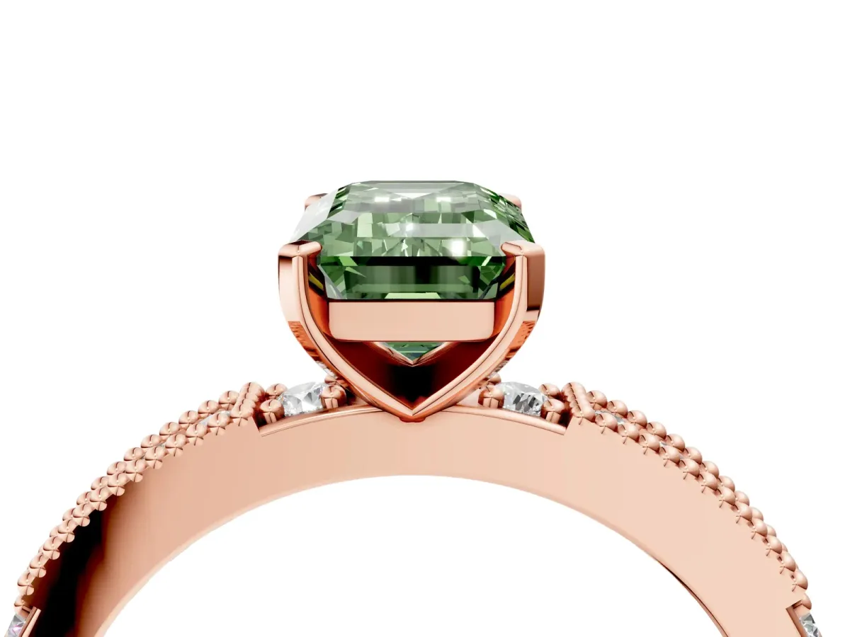 Fancy Green Emerald Cut Solitaire with Pavé Band and Four-Prong Setting Rose gold