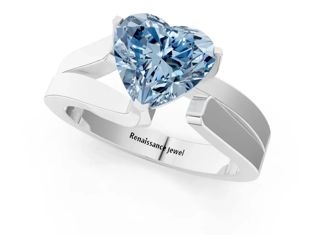 Fancy Blue Modern Tension Set Heart Cut Diamond Solitaire Wide Band Ring Silver
