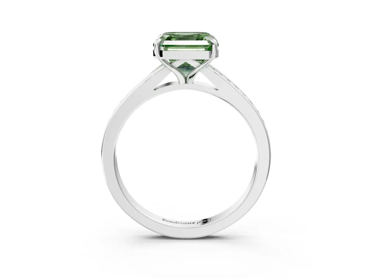 Fancy Green Asscher Cut Diamond Solitaire Ring with Pavé Band and Prong Setting Platinum
