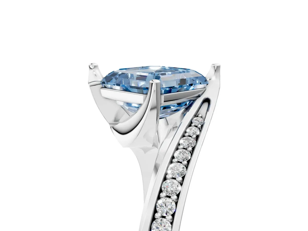 Fancy Blue Asscher Cut Solitaire Diamond Twist Band with Pavé Setting and Four-Prong Setting Platinum