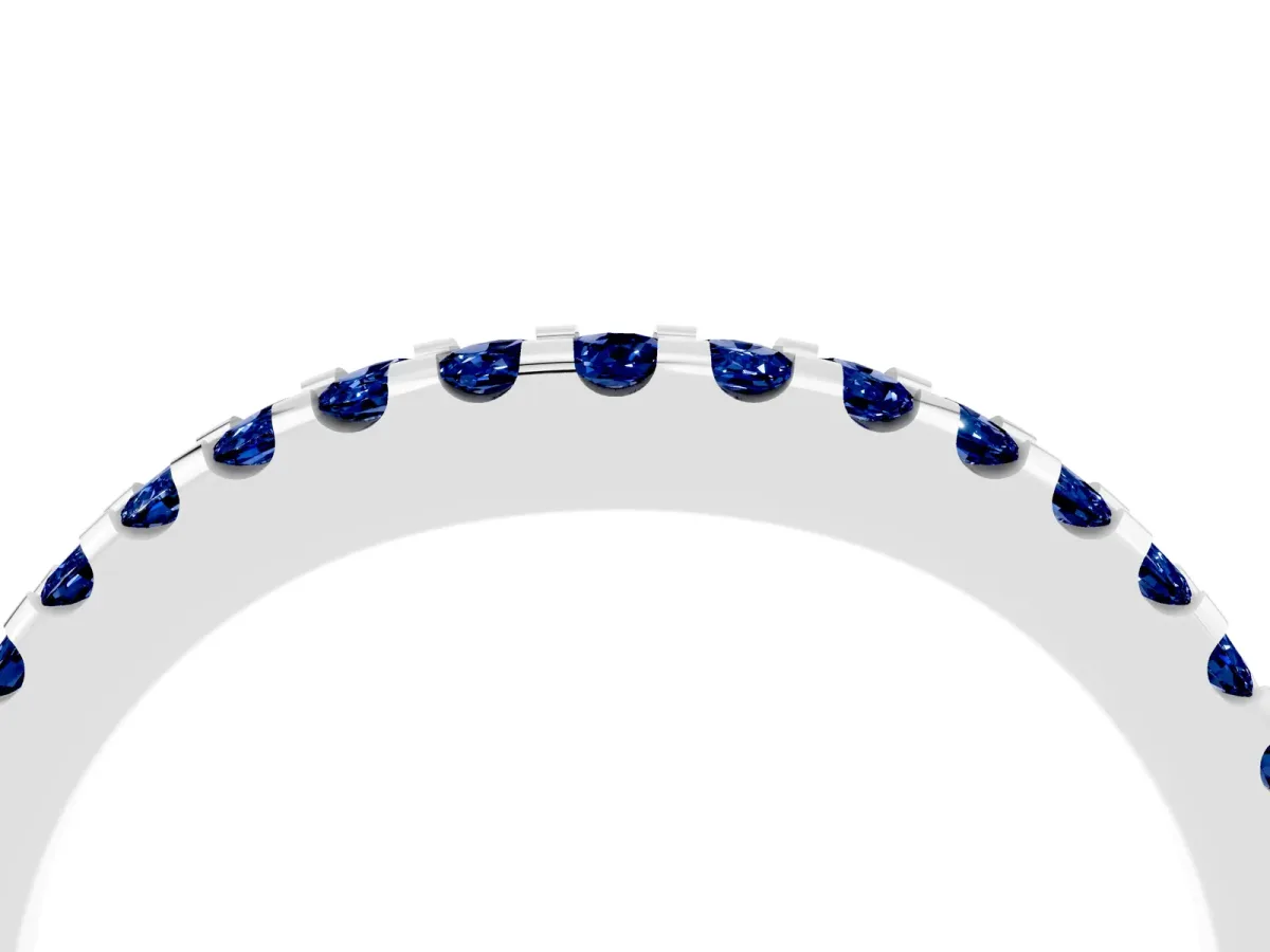 Round Blue Sapphire Pavé Curved Wedding Band Silver
