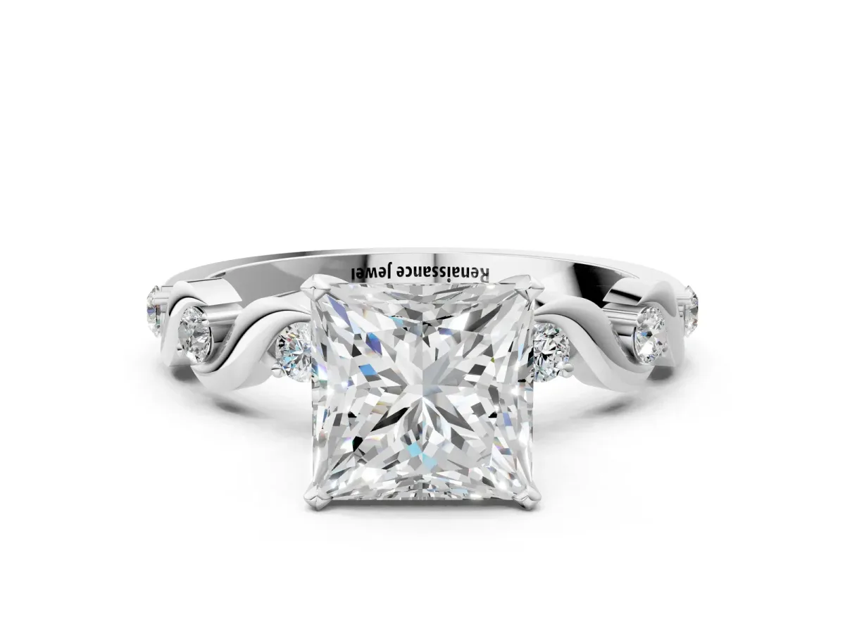 Princess Cut Diamond Solitaire Twisted Band with Round Accents and Prong Setting Silver