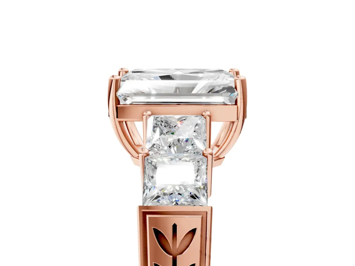 Radiant Cut Solitaire Princess Side Stone Engraved Band Prong Setting Ring Rose gold