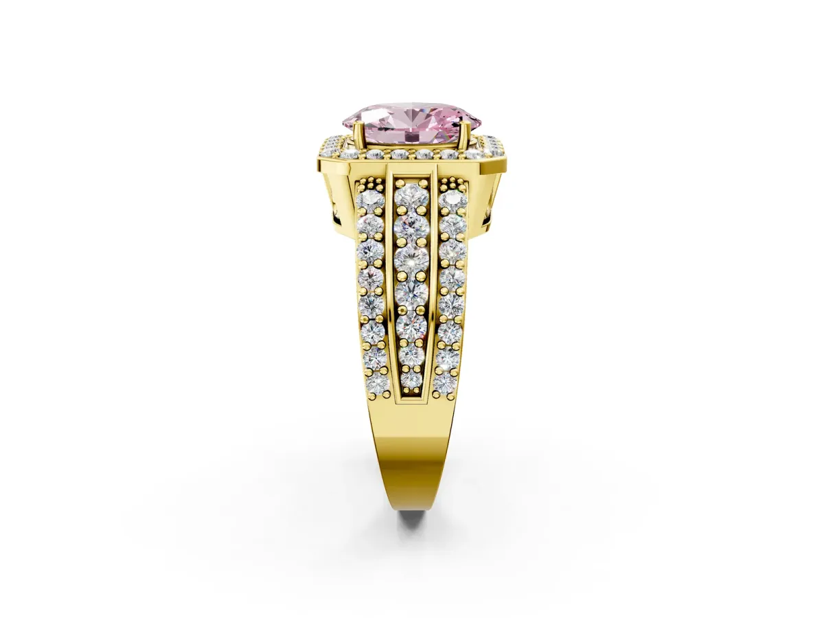 Fancy Pink Oval Cut Halo Diamond Ring with Round Split Shank and Prong Setting Yellow gold