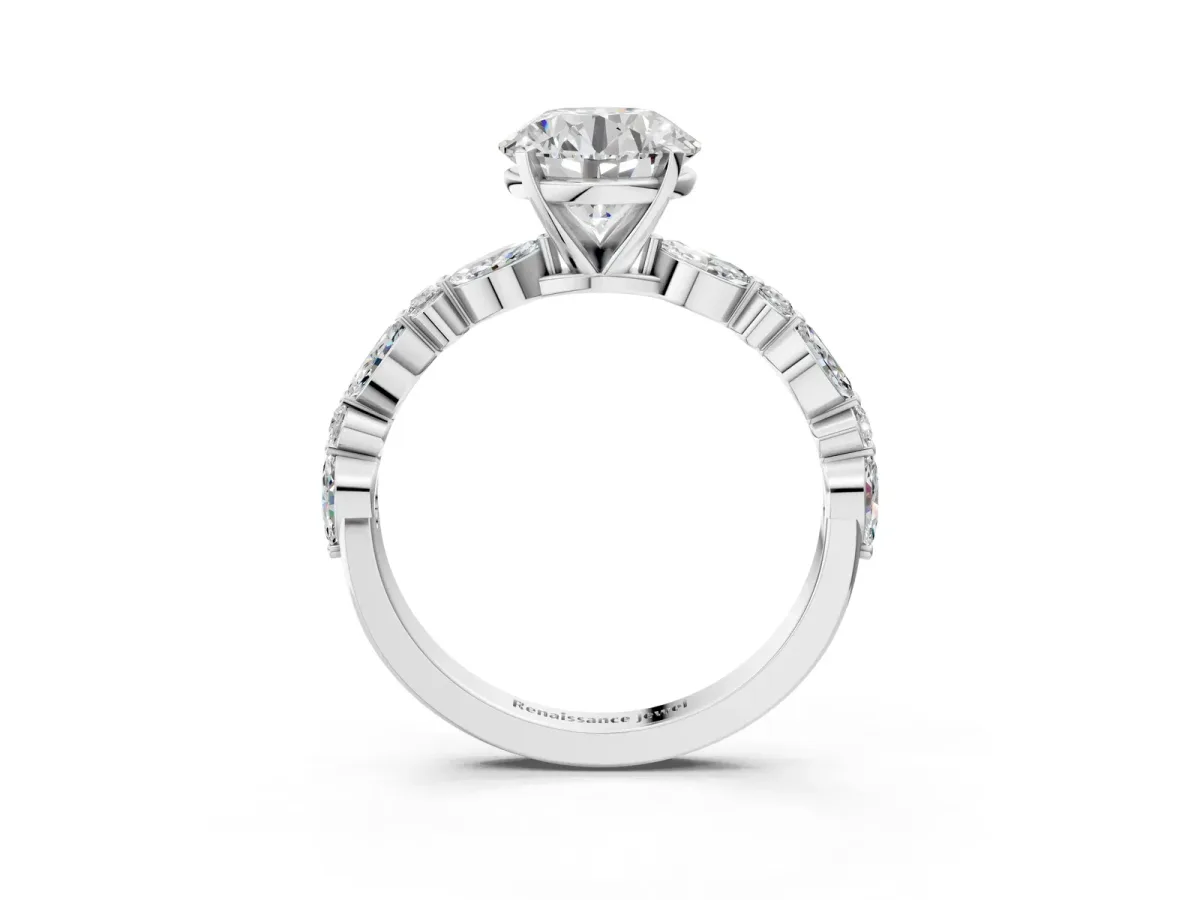 Round Cut Diamond Ring with Marquise and Round Side Stones and Four-Prong Setting Silver