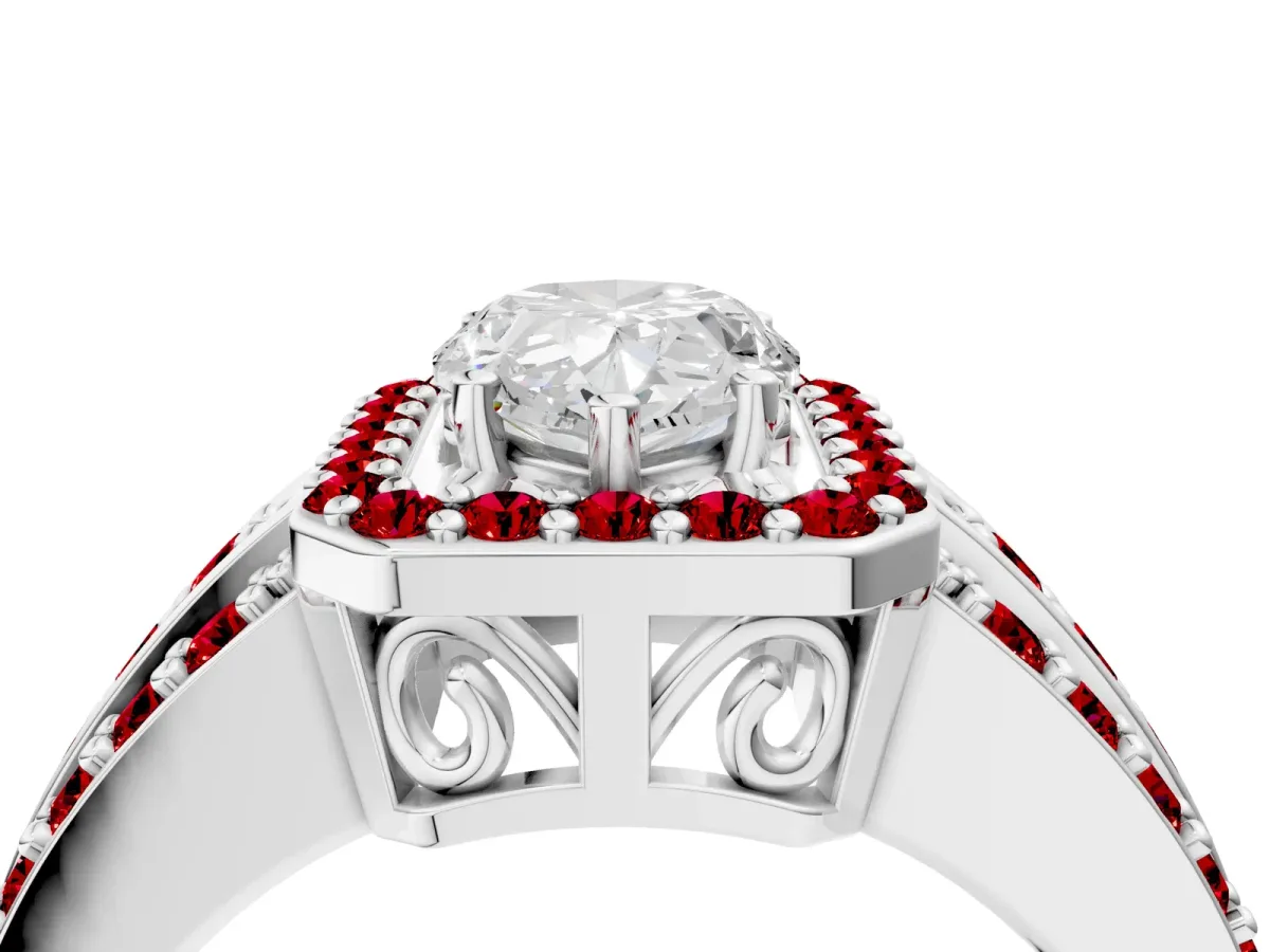 Pear Cut Halo Diamond Ring with Round Ruby Split Shank and Prong Setting White gold