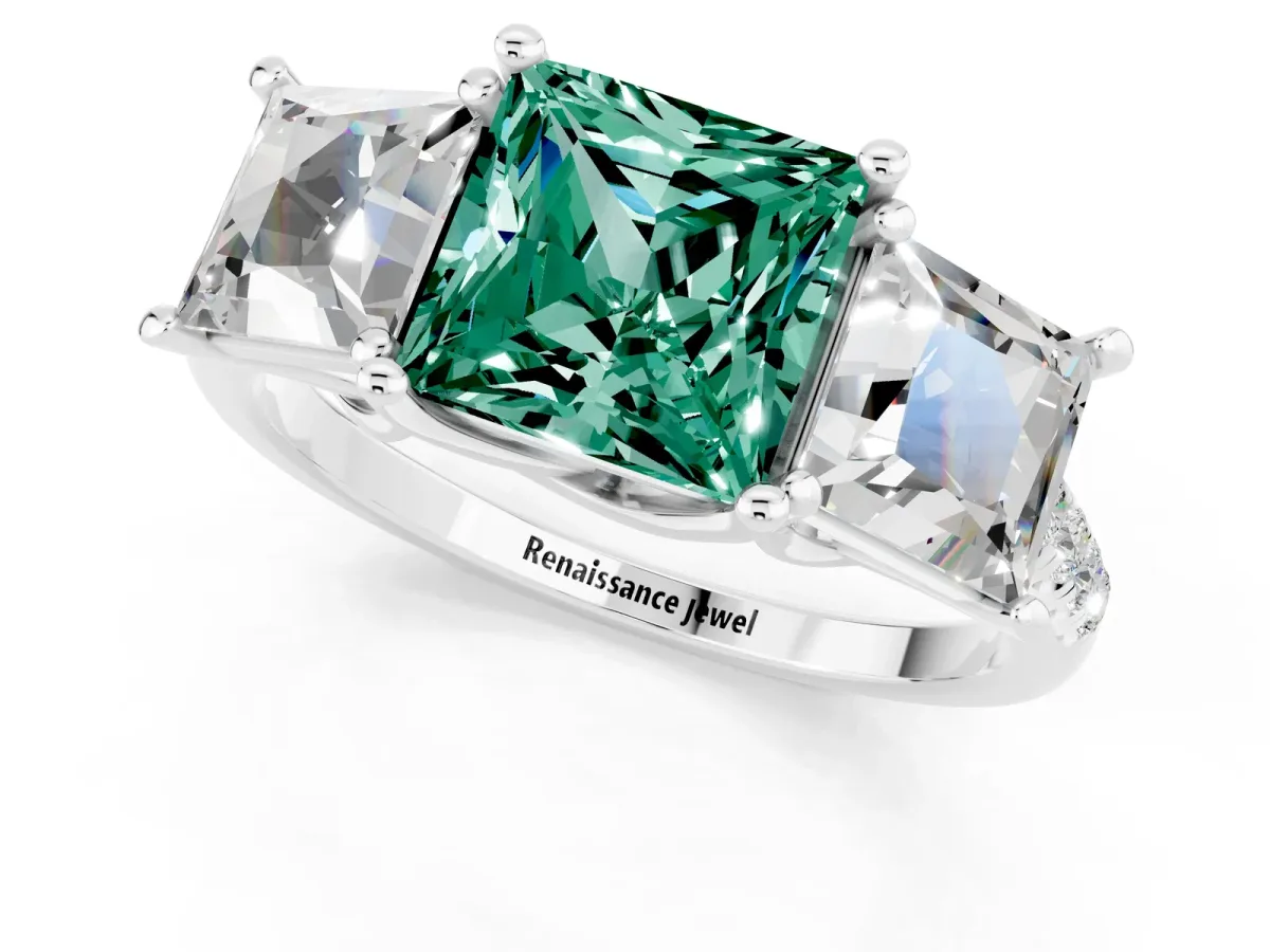 Three-Stone Princess Cut Green Sapphire Ring with Round Pavé Band and Prong Setting Silver